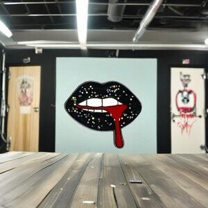 NEW! Black Glitter Lips Blood Teeth Goth Enamel Pin Brooch